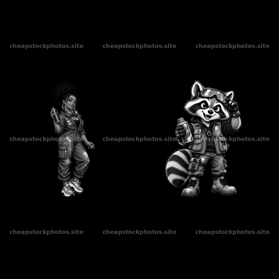 Graffiti artist with raccoon companion spray painting on wall – stock photos 7746x7746