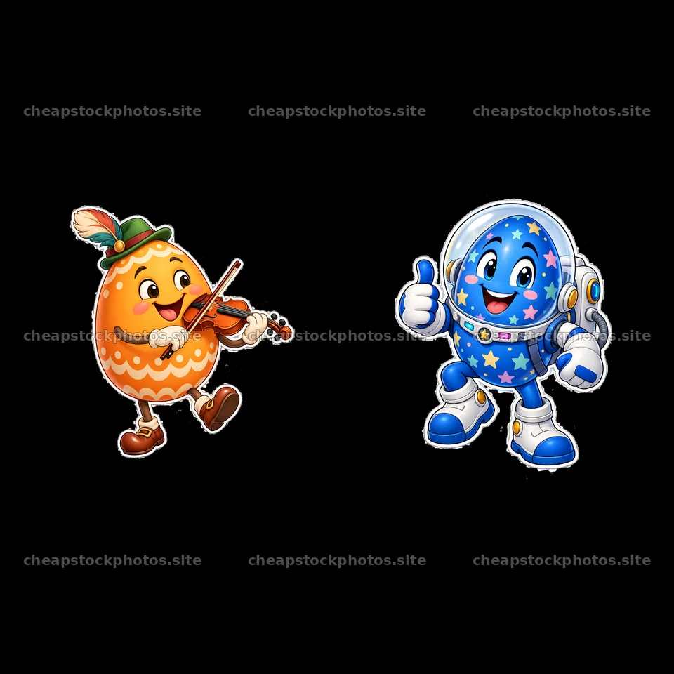 Easter egg characters playing music and celebrating in space – stock photos 7746x7746