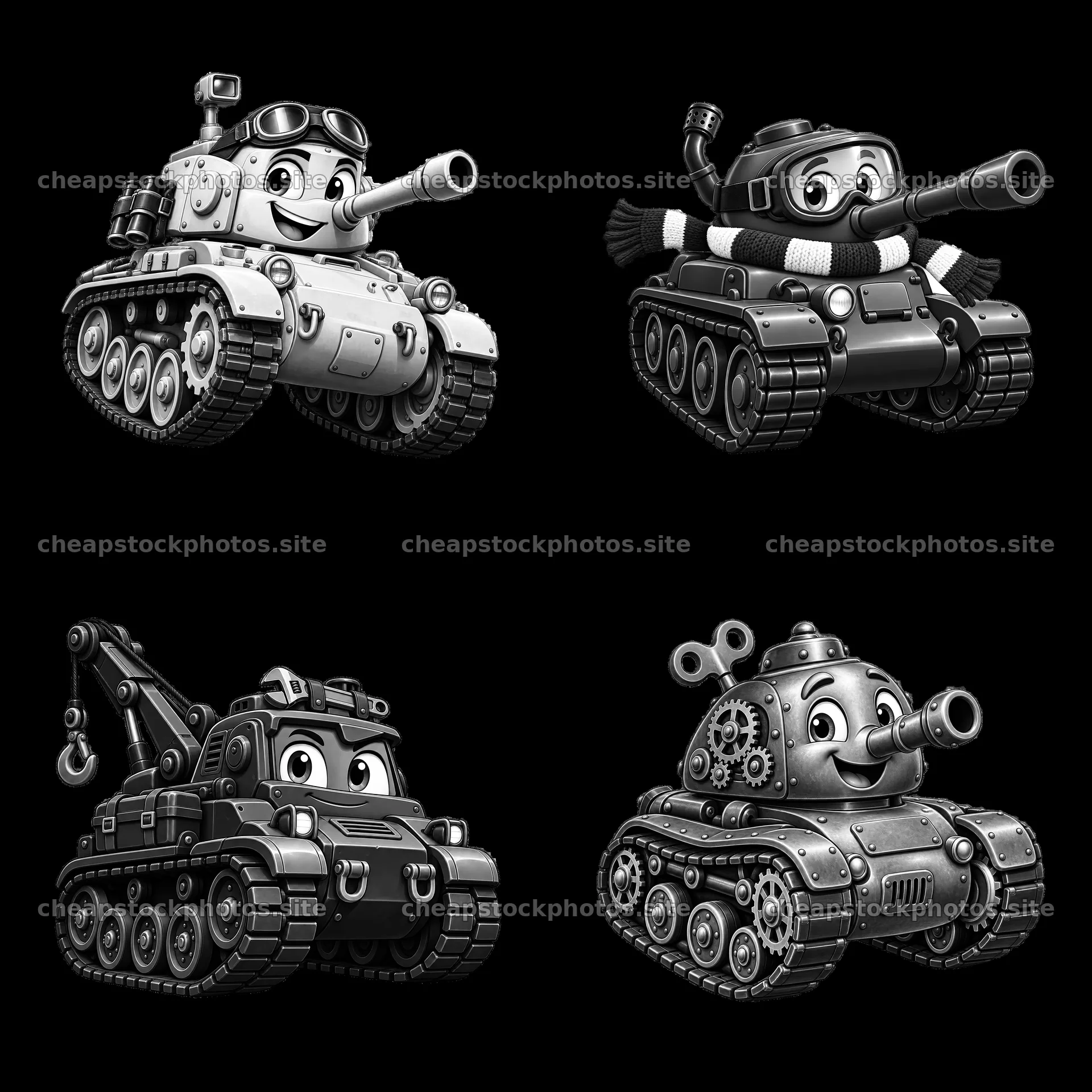 Four unique cartoon tanks with distinct designs and features – stock photos 7746x7746