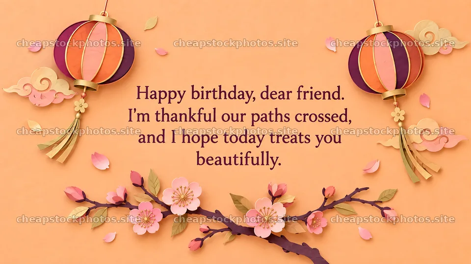 Birthday greeting with lanterns and pink blossoms – stock photos 10324x5812
