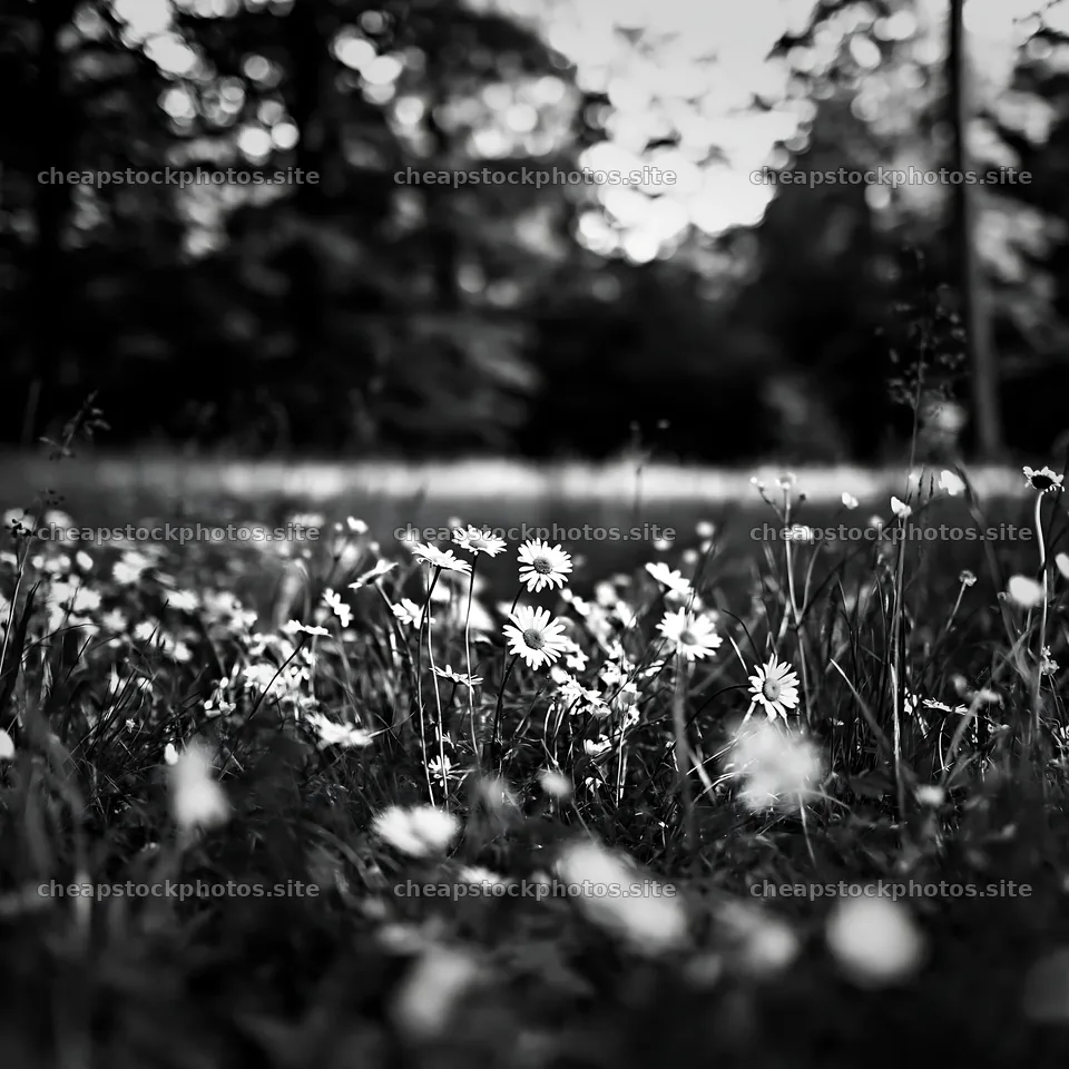 Forest opening with flowers in a black and white setting – stock photos 7938x7938
