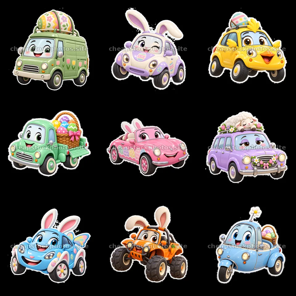Colorful cartoon cars celebrating Easter with festive designs – stock photos 7746x7746