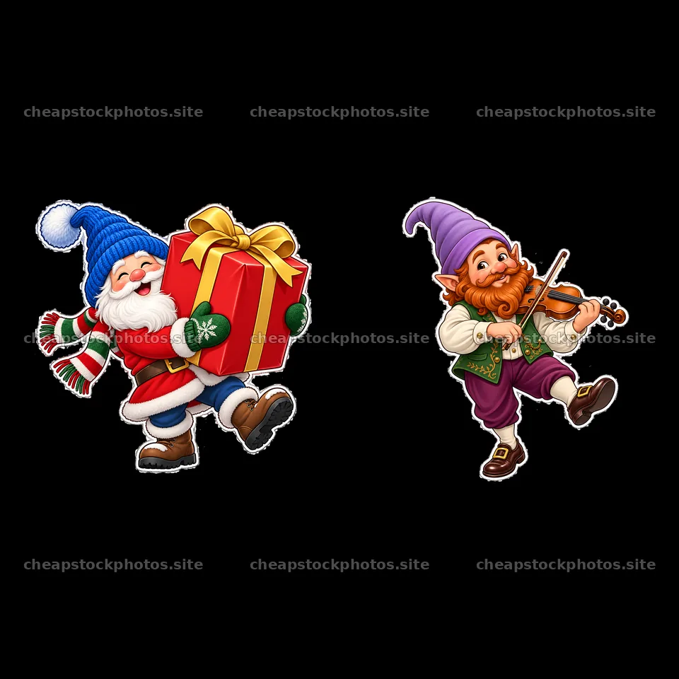 Gnome carrying a gift and gnome playing violin in festive setting – stock photos 7746x7746