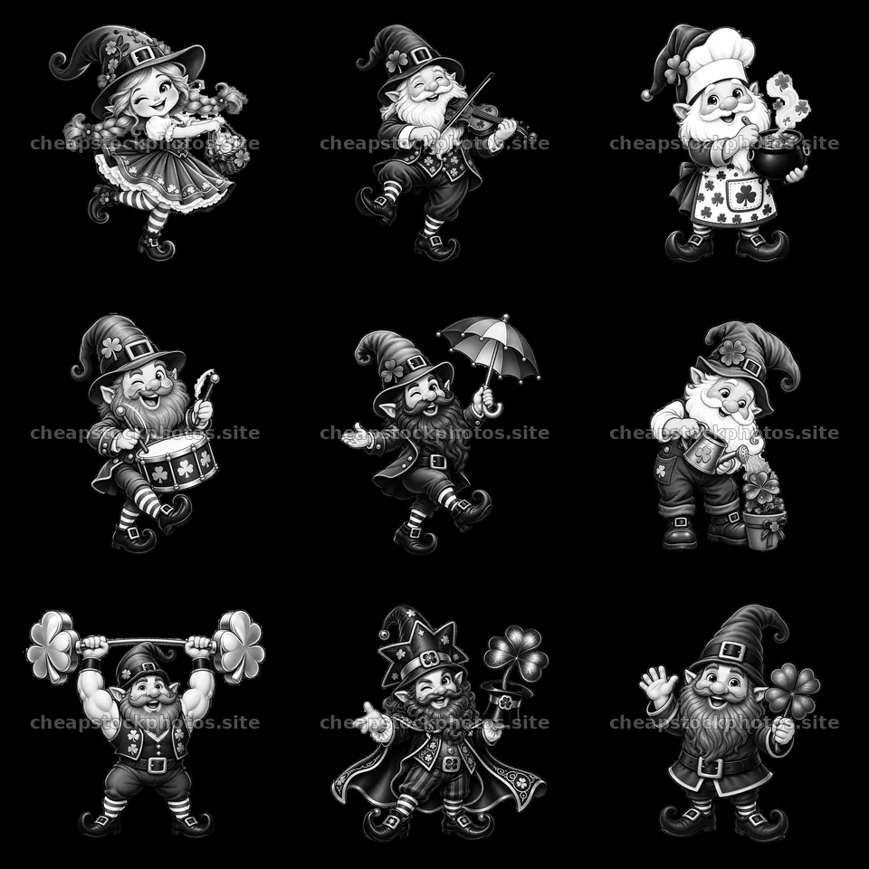 St. Patrick's Day gnomes in various festive poses and activities – stock photos 7746x7746