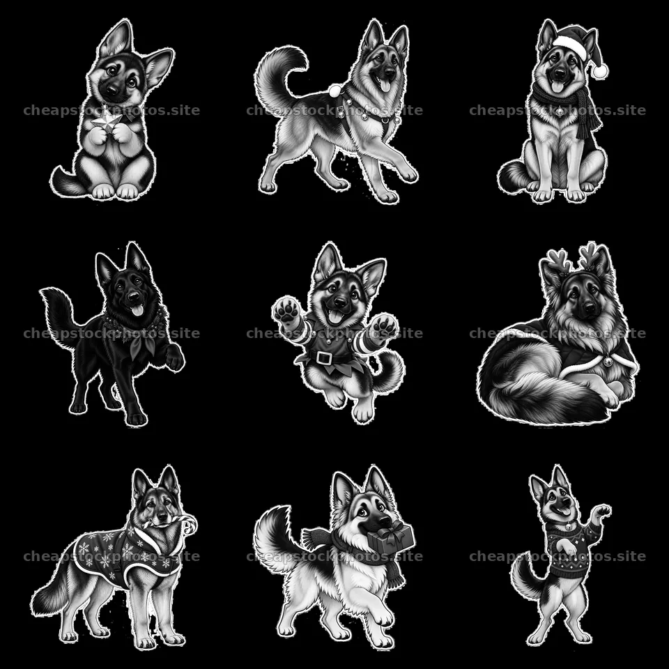 Christmas German Shepherd cartoon stickers in black-and-white design – stock photos 7746x7746