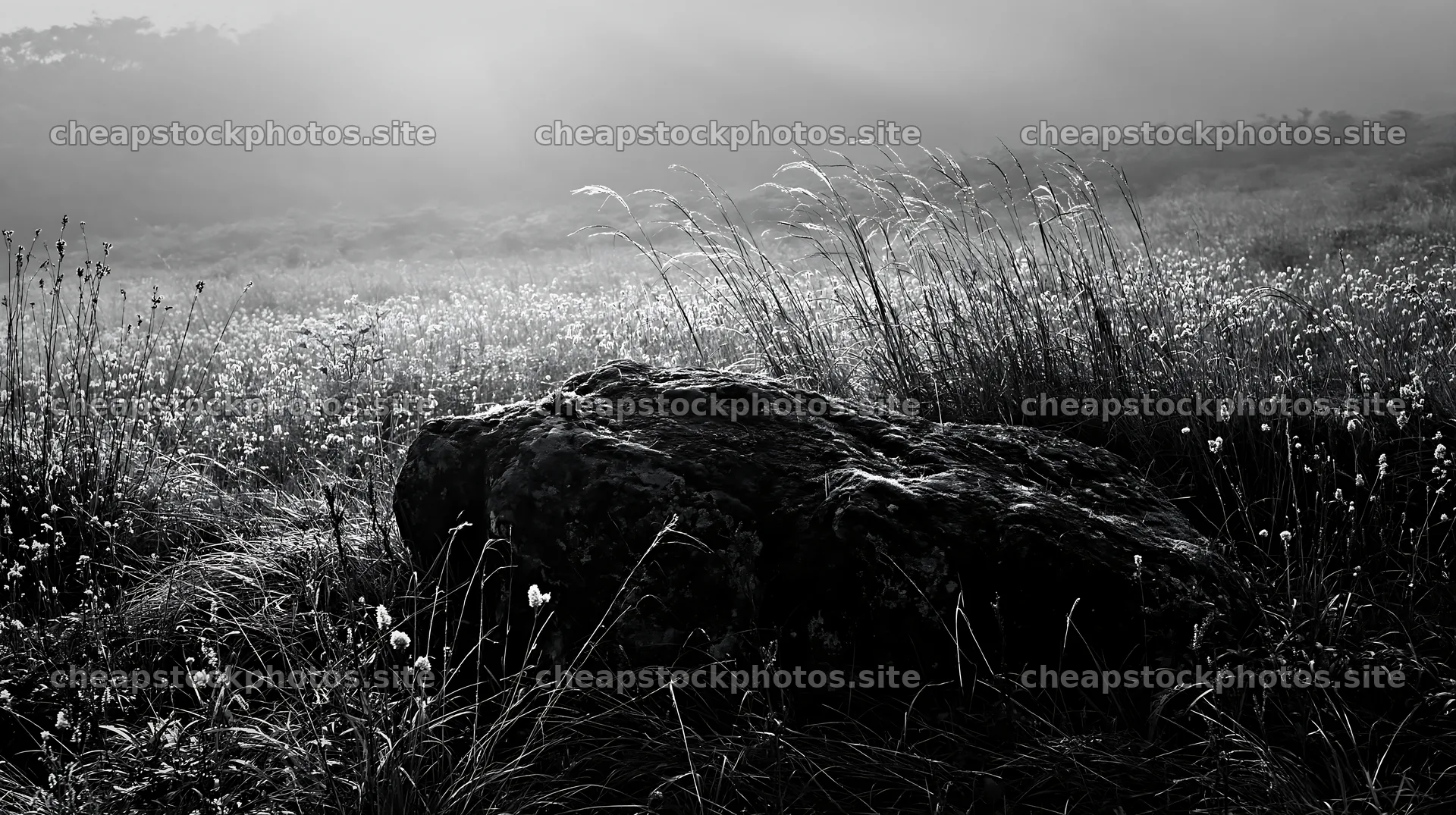 Misty meadow with moss covered stone in Shimane region – stock photos 10608x5938