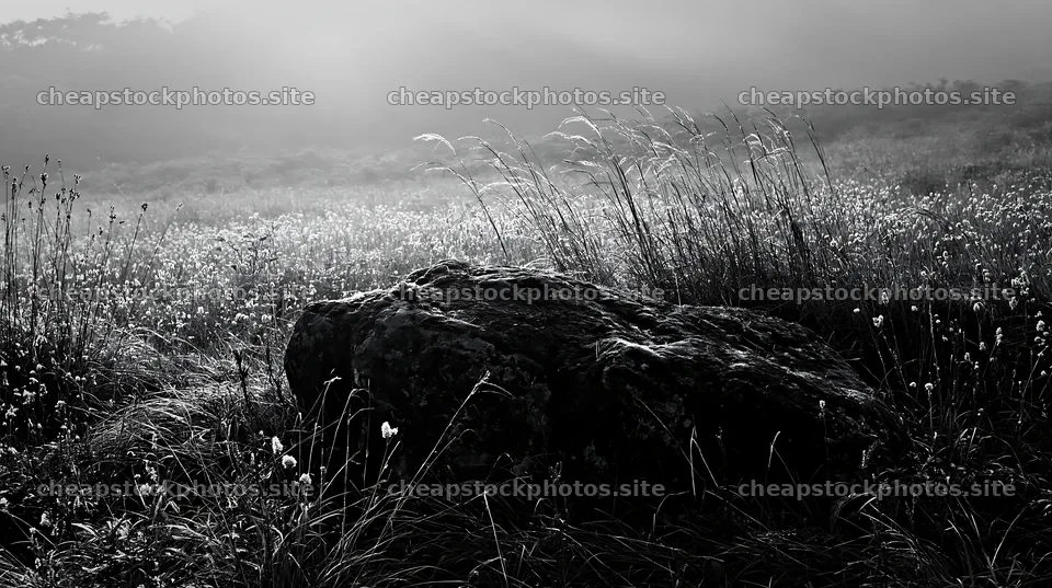 Misty meadow with moss covered stone in Shimane region – stock photos 10608x5938