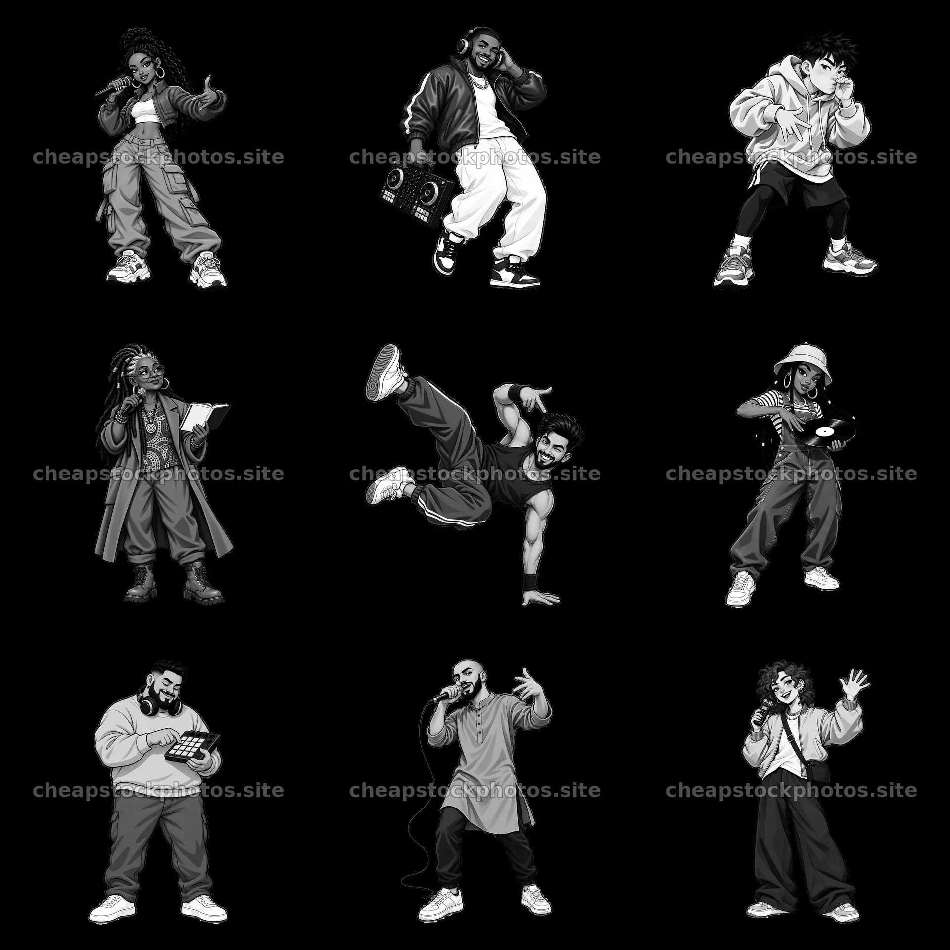 Hip-hop artists in monochrome cartoon sticker collage – stock photos 7746x7746
