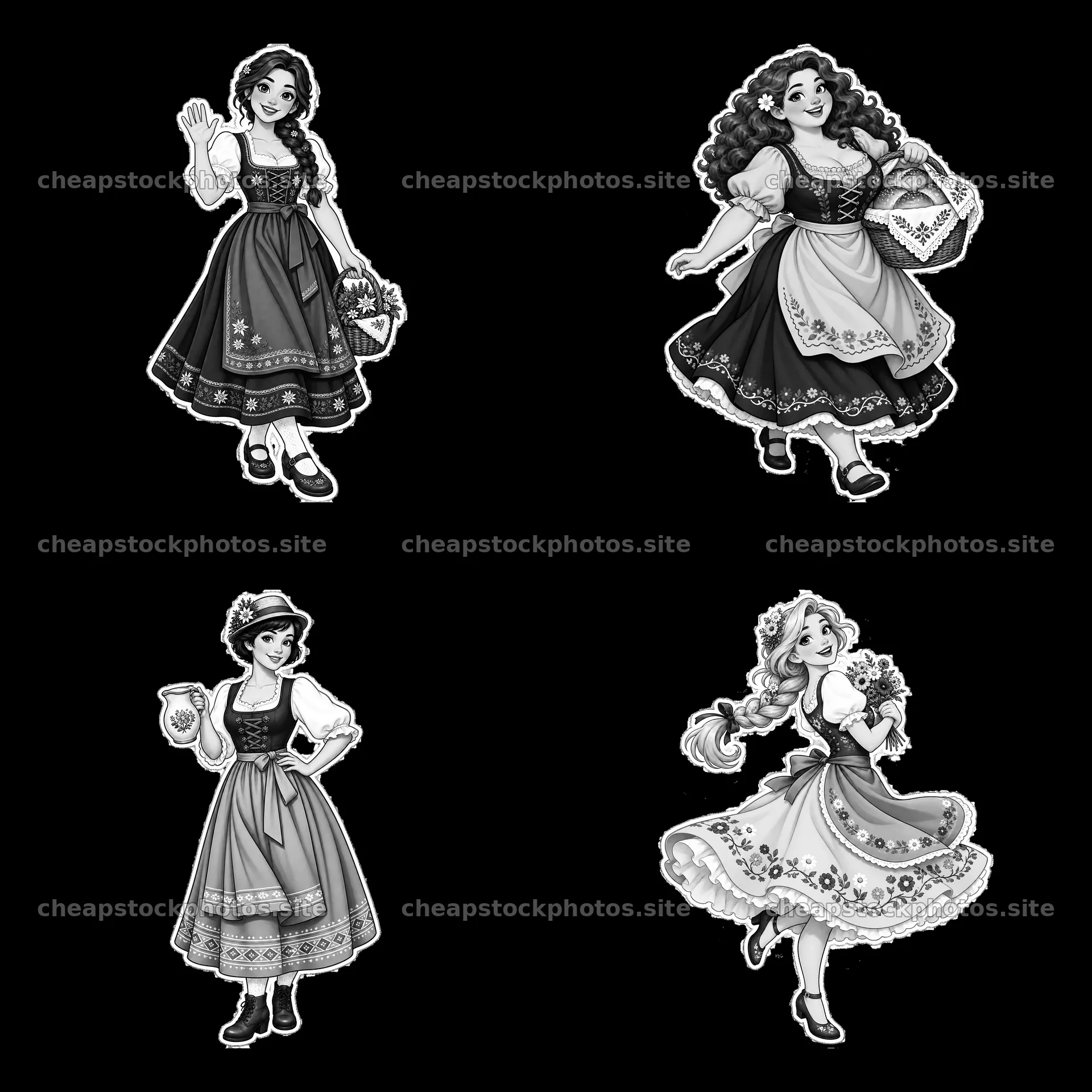 Women in traditional folk dress holding items in four-panel layout – stock photos 7746x7746