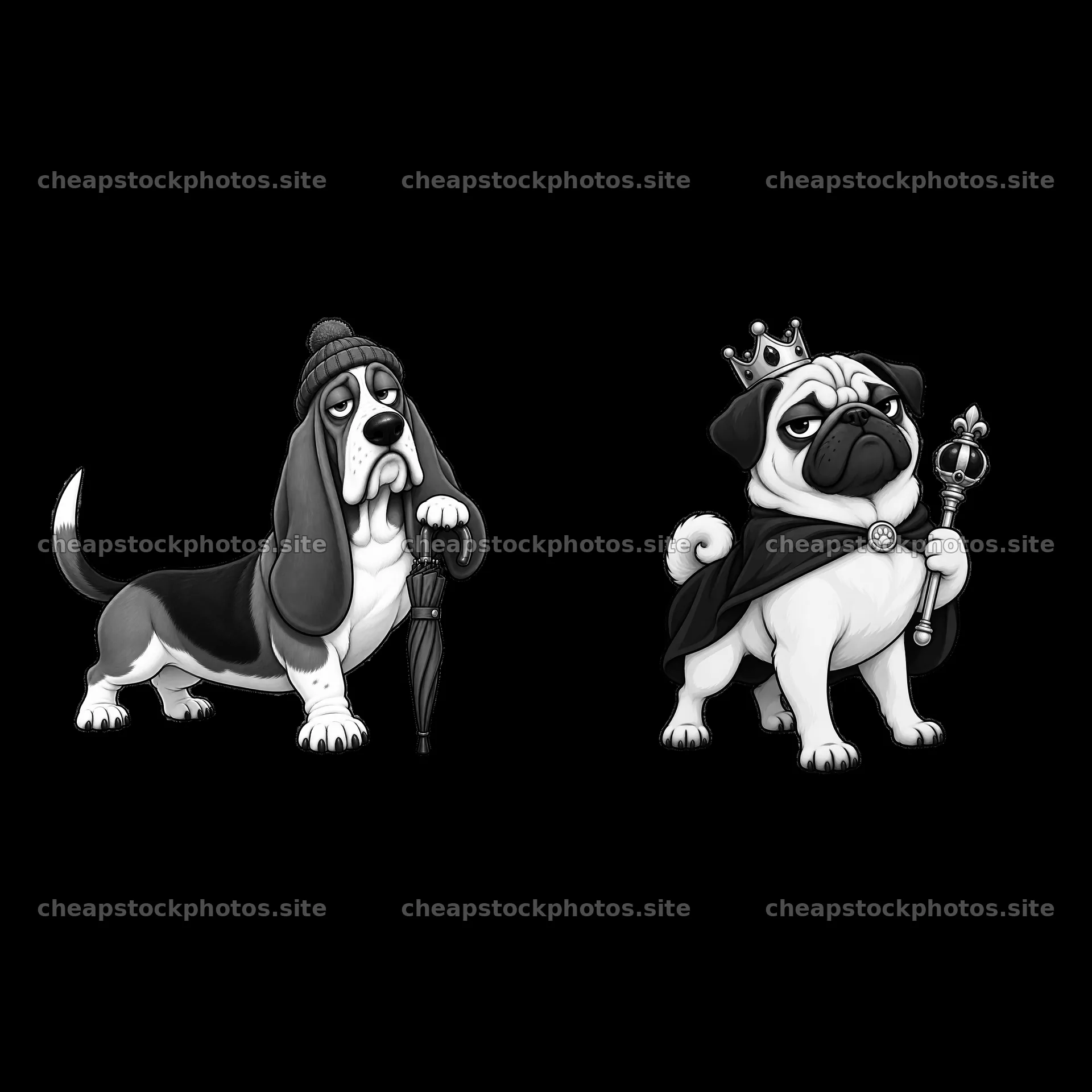 Grumpy dog characters with accessories and expressions – stock photos 7746x7746