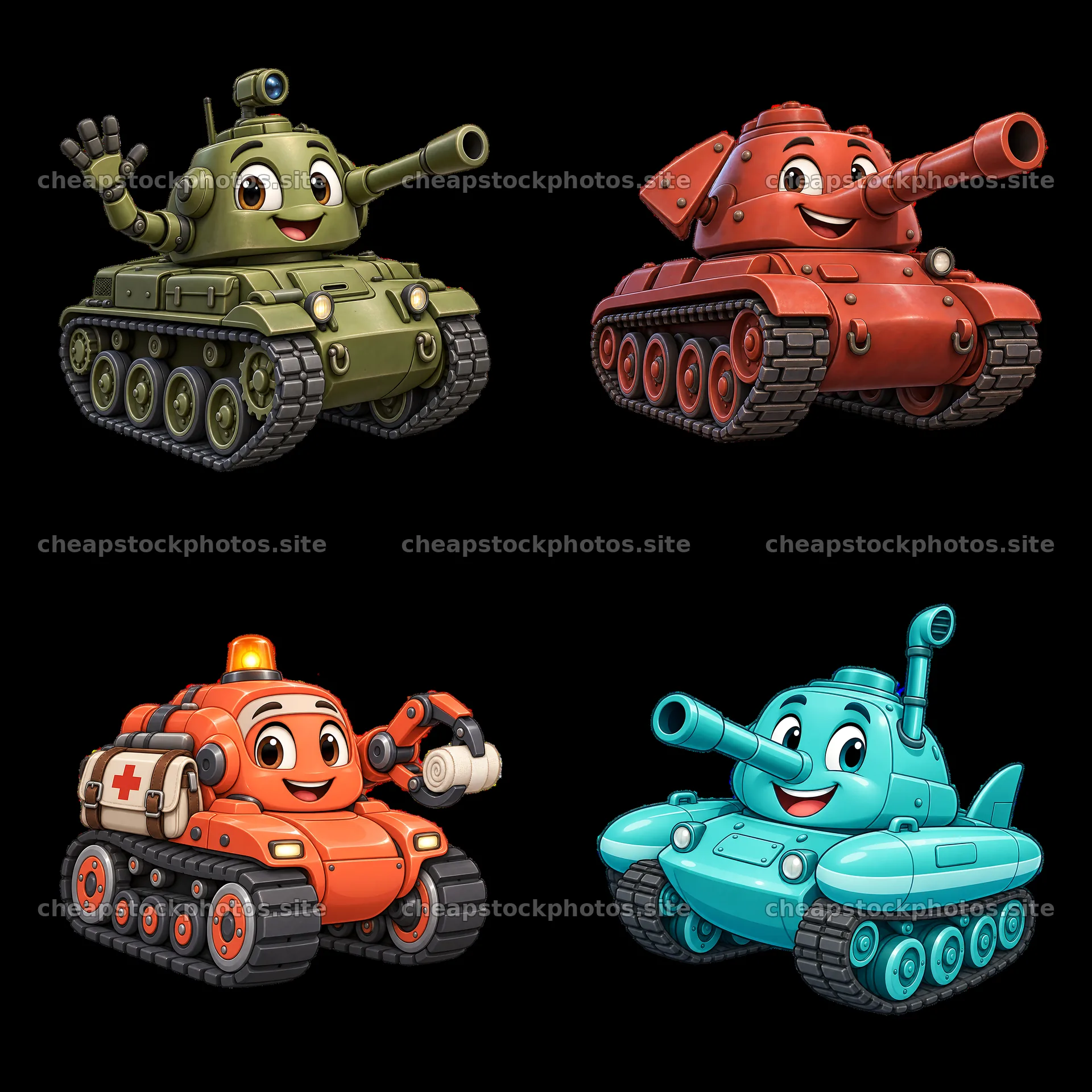 Four cartoon tanks with friendly expressions in a square layout – stock photos 7746x7746