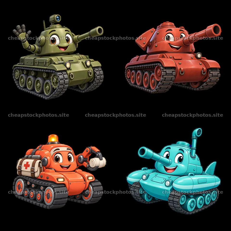 Four cartoon tanks with friendly expressions in a square layout – stock photos 7746x7746