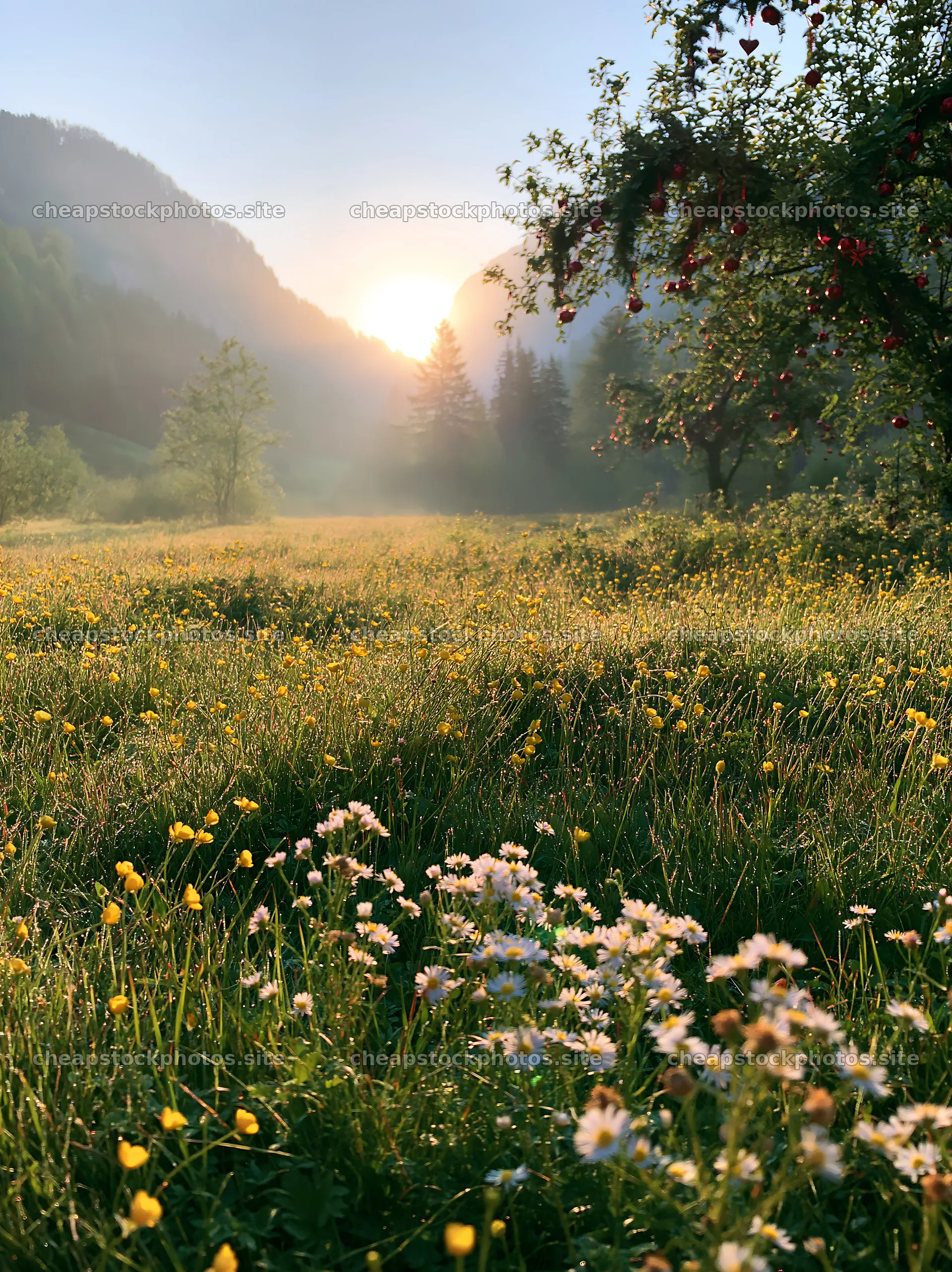 Christmas apple tree meadow in the Dolomites at sunrise – stock photos 6866x9174
