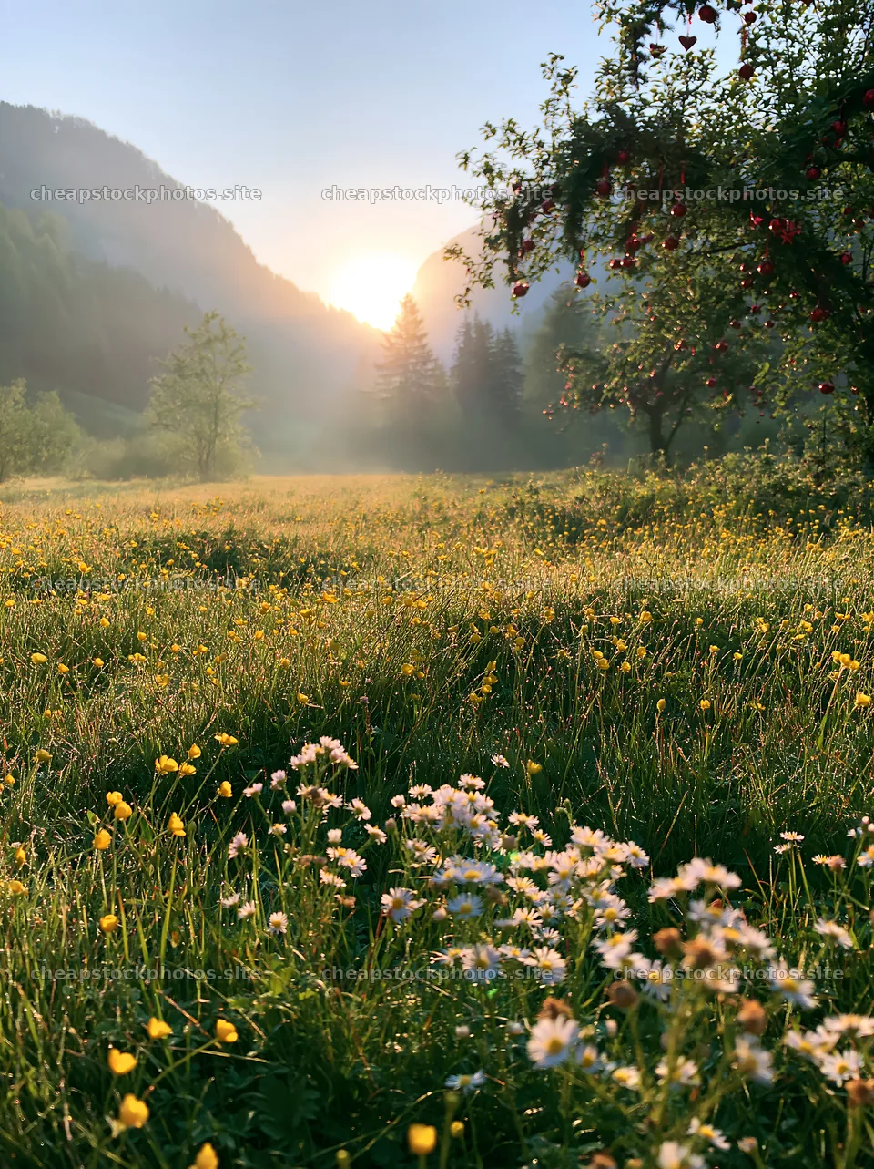 Christmas apple tree meadow in the Dolomites at sunrise – stock photos 6866x9174