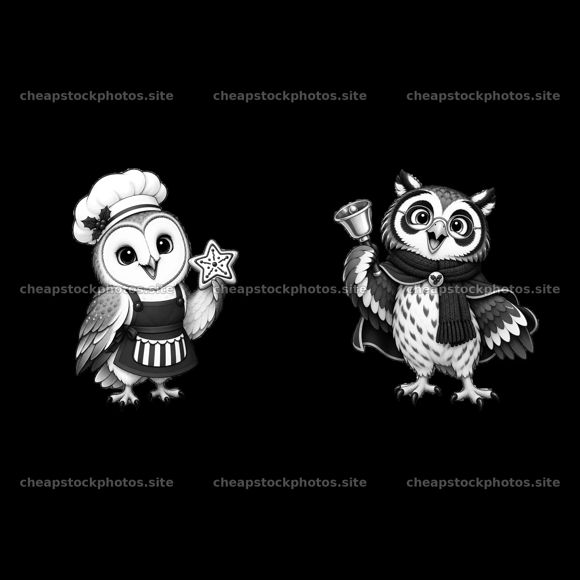 Christmas owls holding star and bell in cartoon style – stock photos 7746x7746