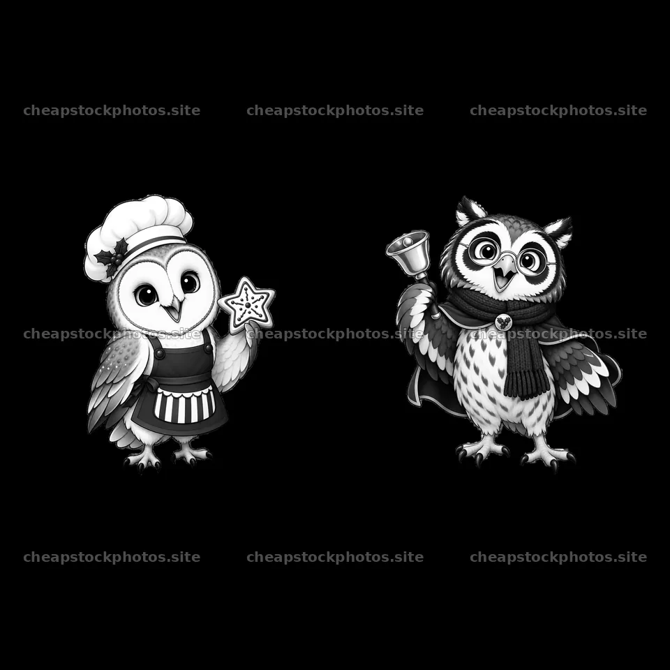 Christmas owls holding star and bell in cartoon style – stock photos 7746x7746