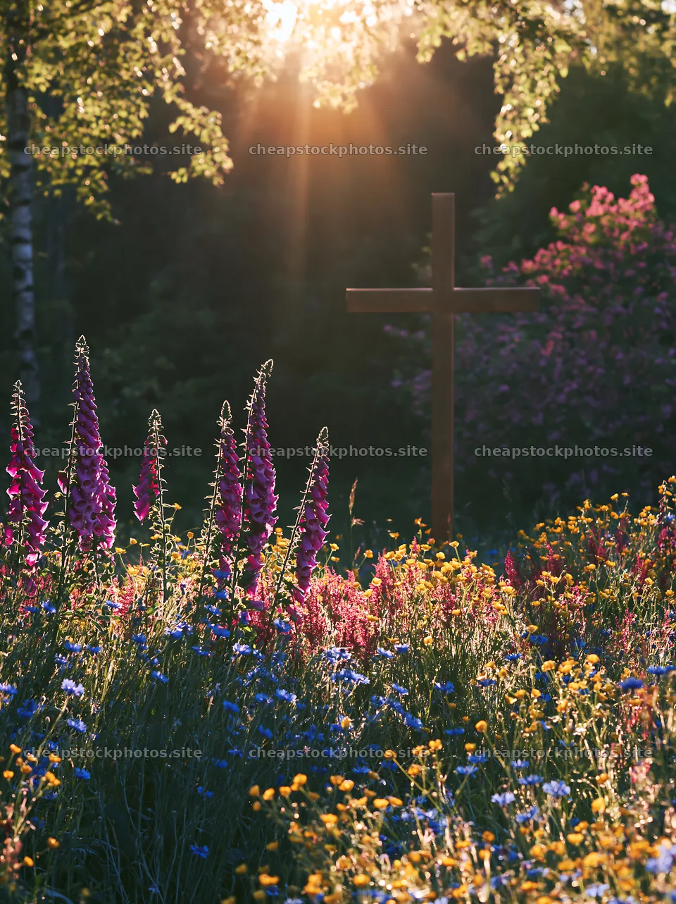 Christian cross with sunrise in a meadow of flowers – stock photos 6866x9174