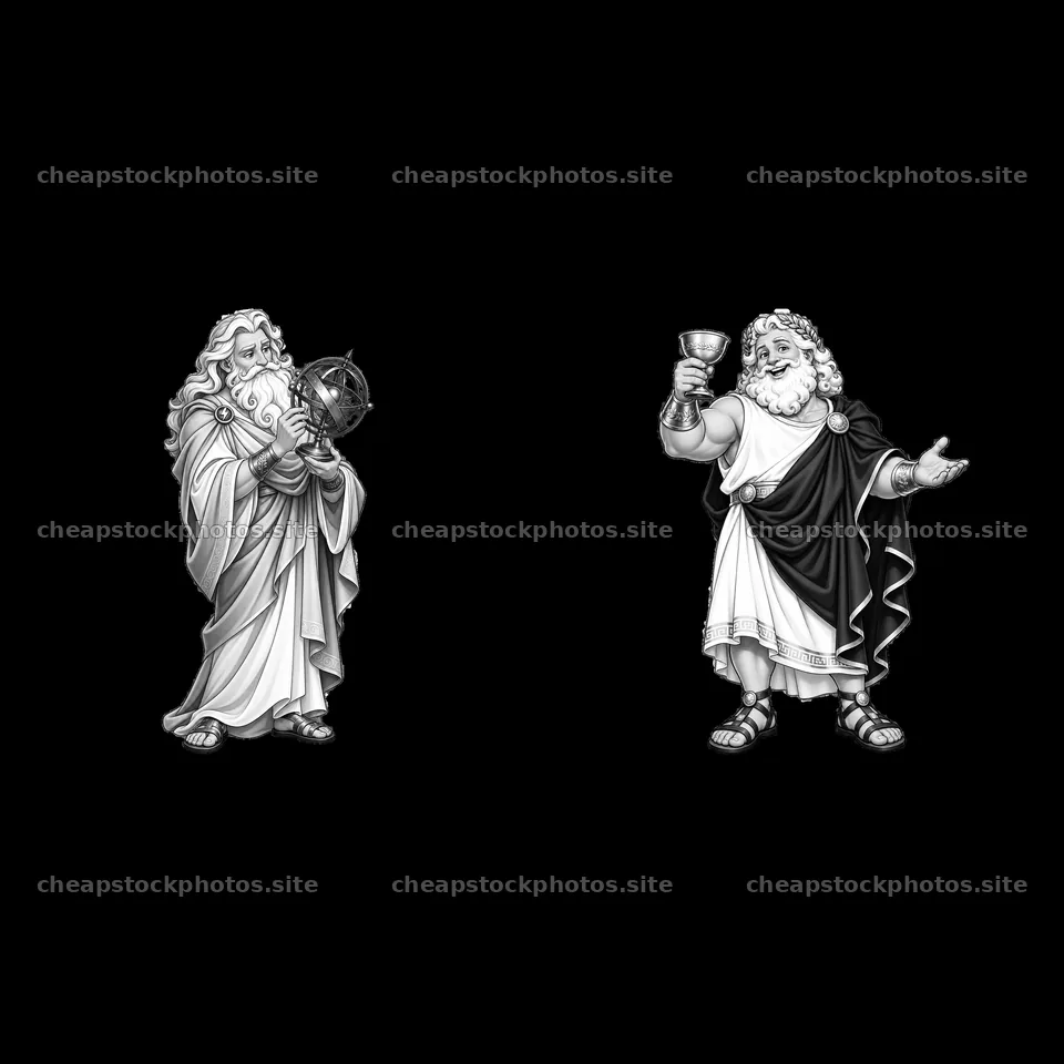 Zeus holding a globe and a chalice in black and white design – stock photos 7746x7746