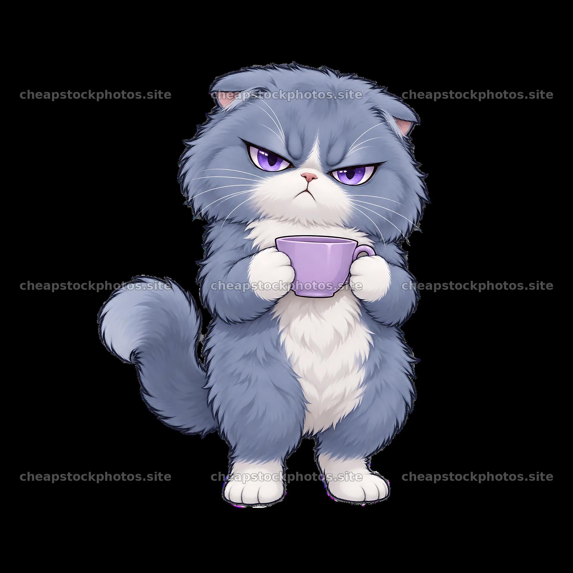 Kawaii grumpy cat holding a purple cup with a displeased expression – stock photos 7746x7746
