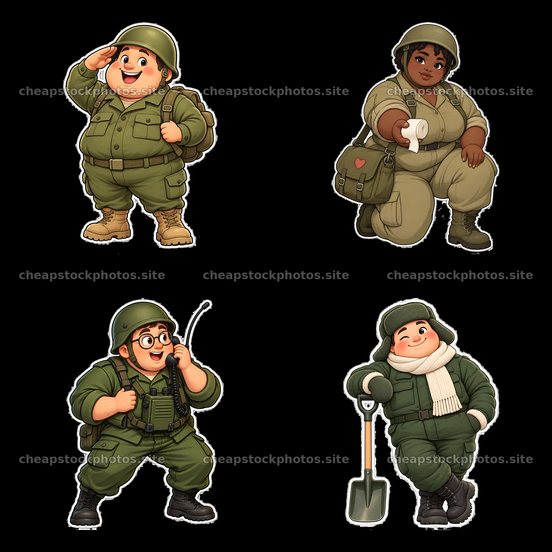 Cute ultra-chubby soldiers in action with various accessories – stock photos 7746x7746