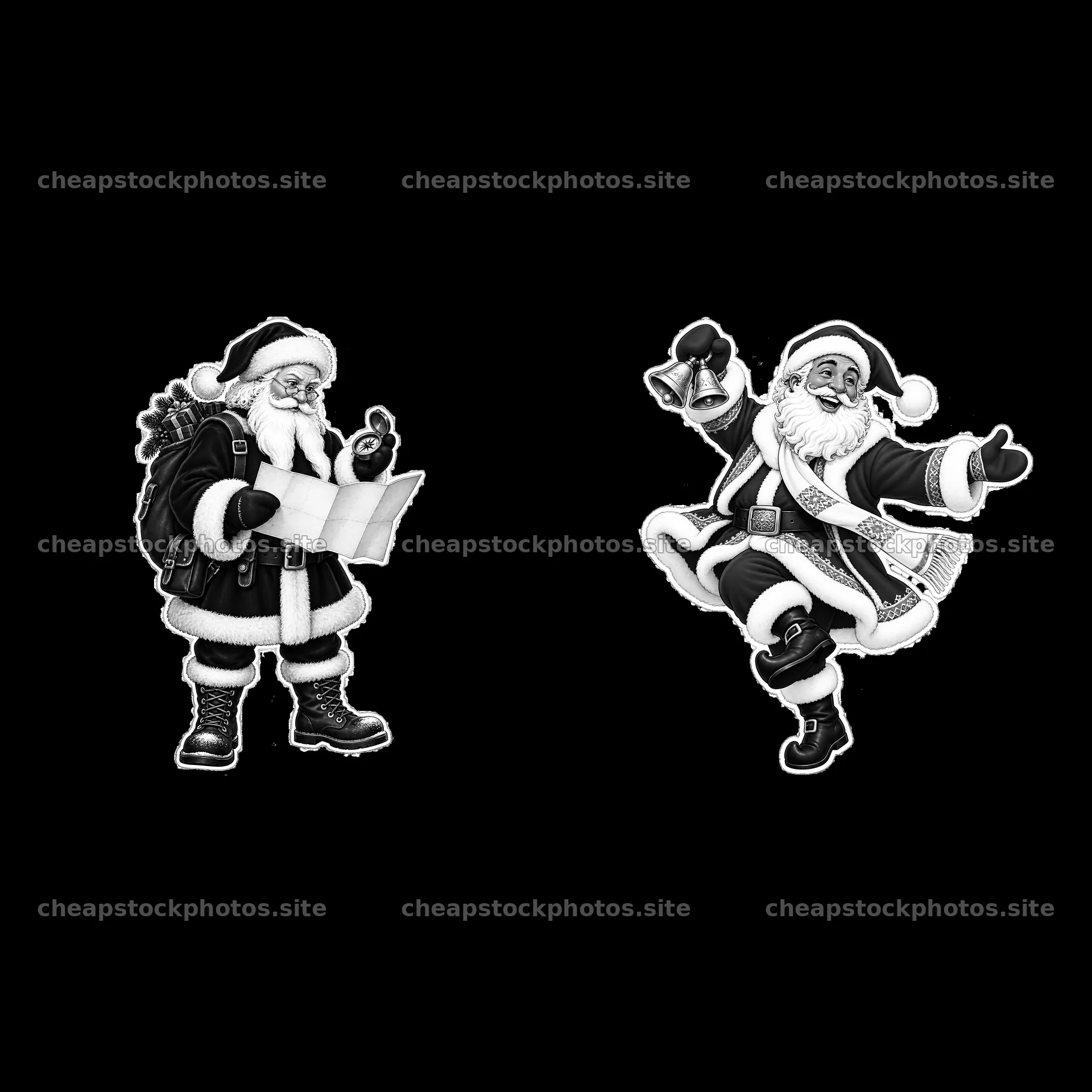 Santa Claus with list and Santa Claus with bell in monochrome style – stock photos 7746x7746