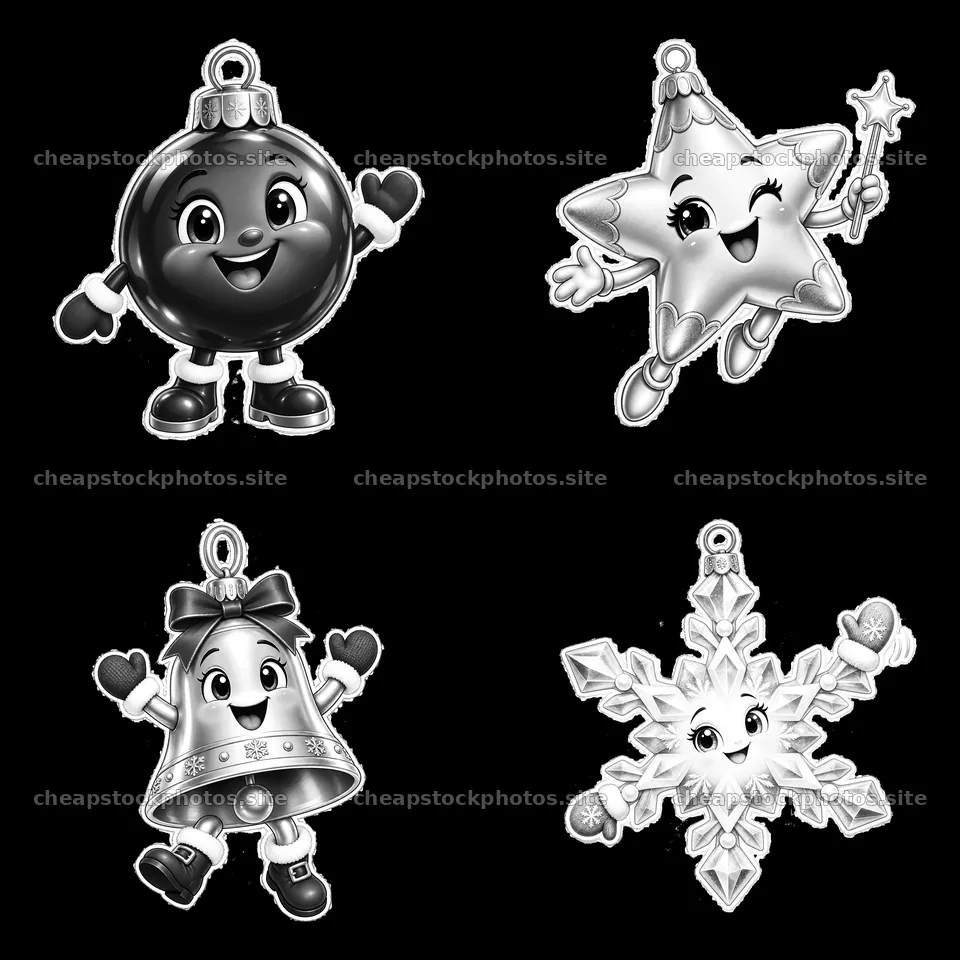 Black and white cartoon Christmas ornaments with cheerful characters – stock photos 7746x7746