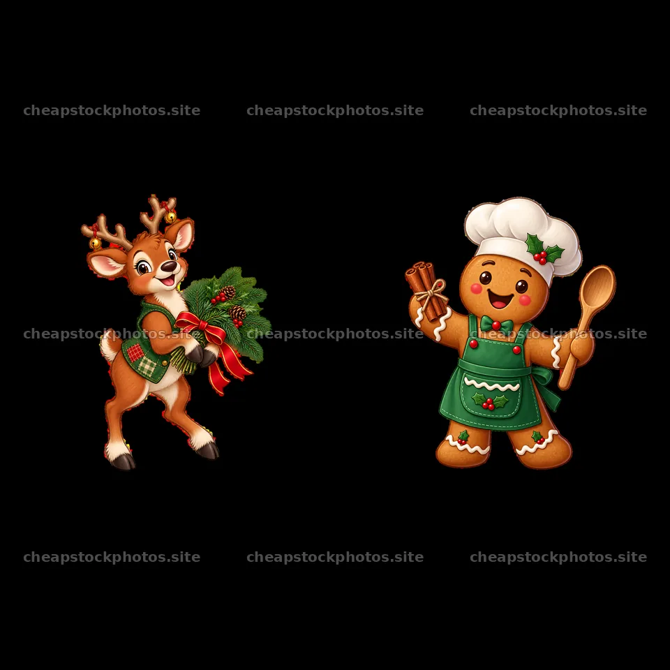 Cute Christmas deer and gingerbread man with kitchen tools – stock photos 7746x7746