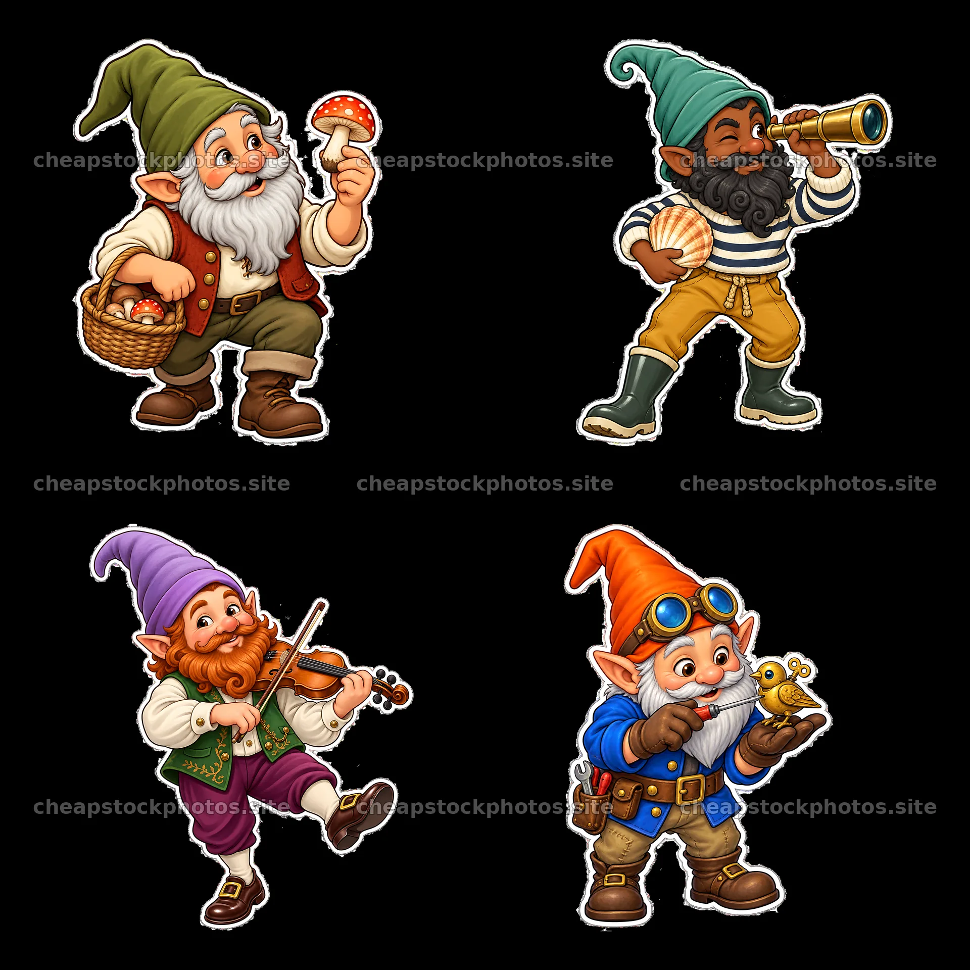 Gnomes with mushrooms, shells, music, and toys in cheerful poses – stock photos 7746x7746