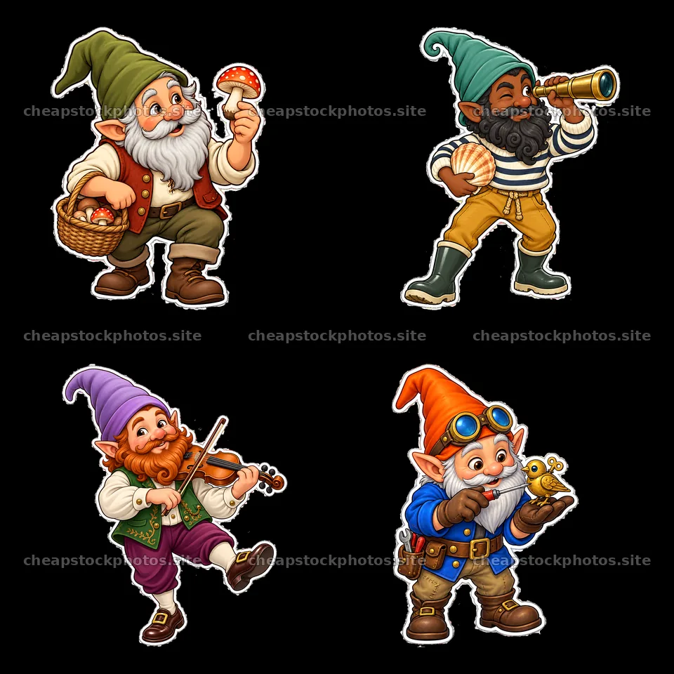 Gnomes with mushrooms, shells, music, and toys in cheerful poses – stock photos 7746x7746
