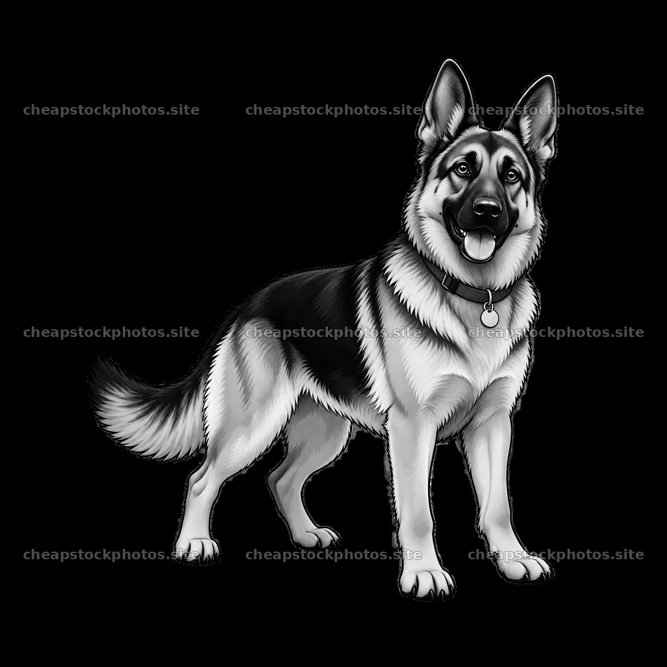 German shepherd dog standing with happy expression and tag – stock photos 7746x7746