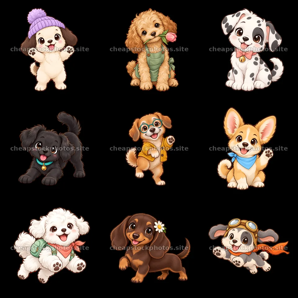 Cute cartoon dog stickers arranged in a 3x3 layout – stock photos 7746x7746