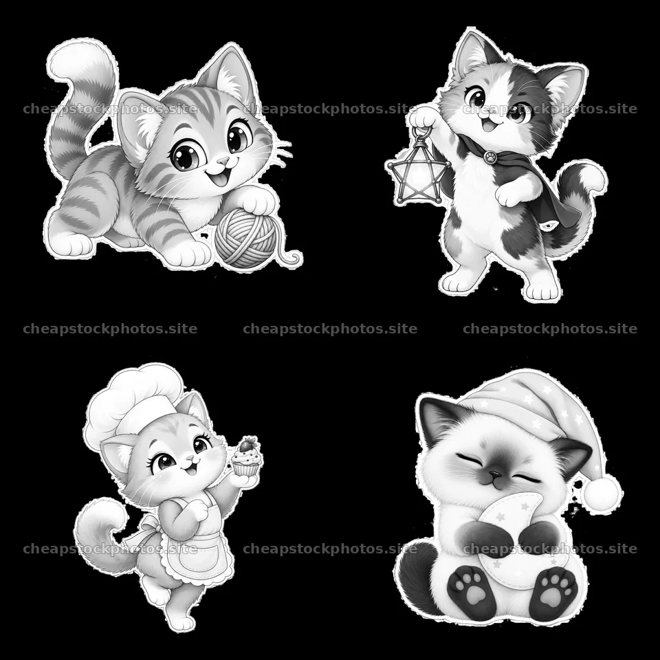 Cute kawaii cats with toys and decorations in a 2x2 layout – stock photos 7746x7746