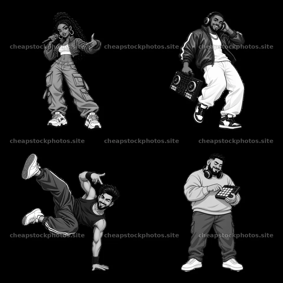 Hip-hop artists performing and dancing in a 2x2 layout – stock photos 7746x7746