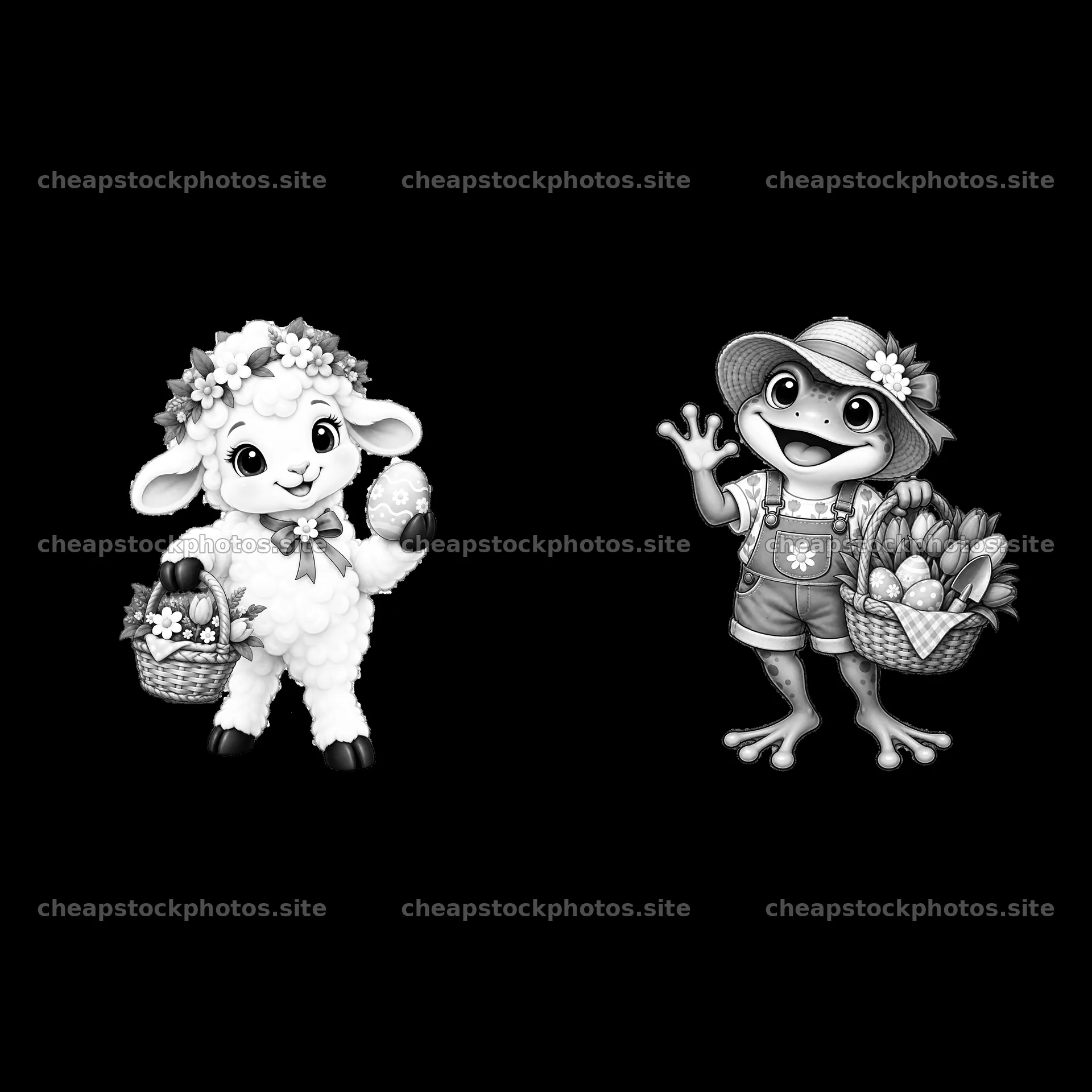 Easter lamb and frog characters holding baskets with eggs – stock photos 7746x7746