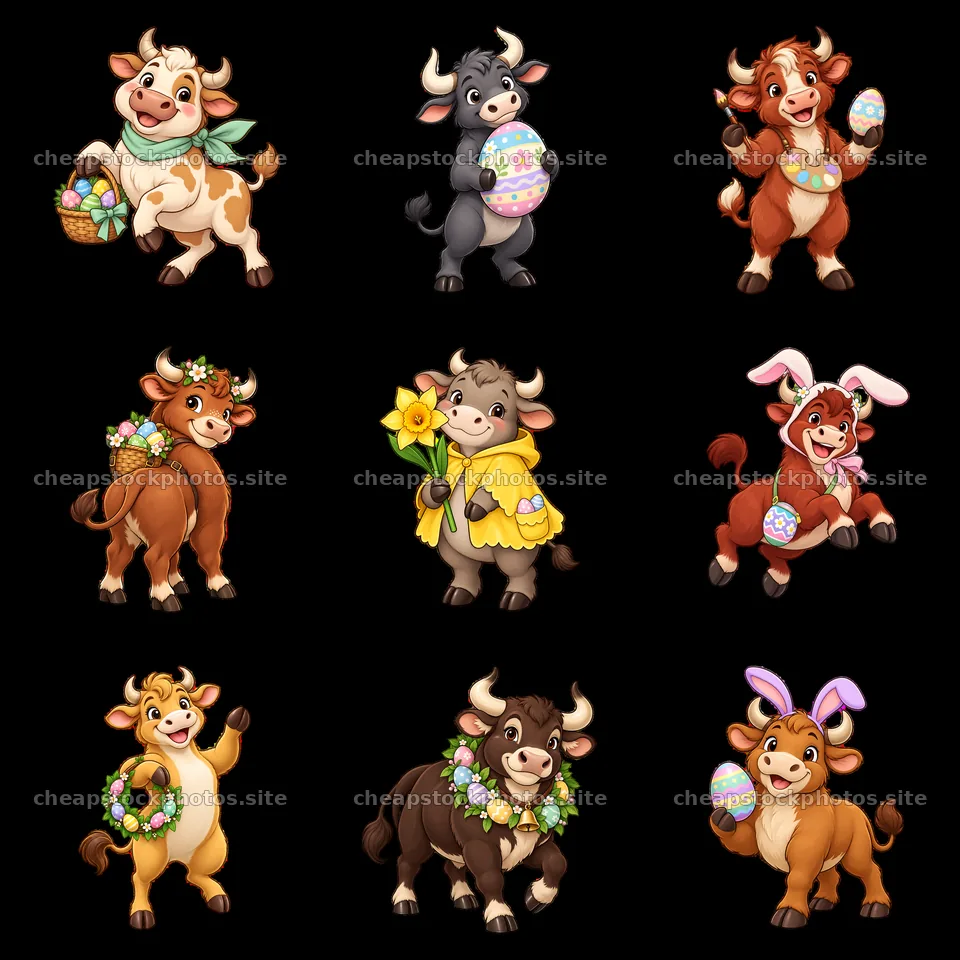 Easter ox cartoon sticker collection featuring playful characters – stock photos 7746x7746