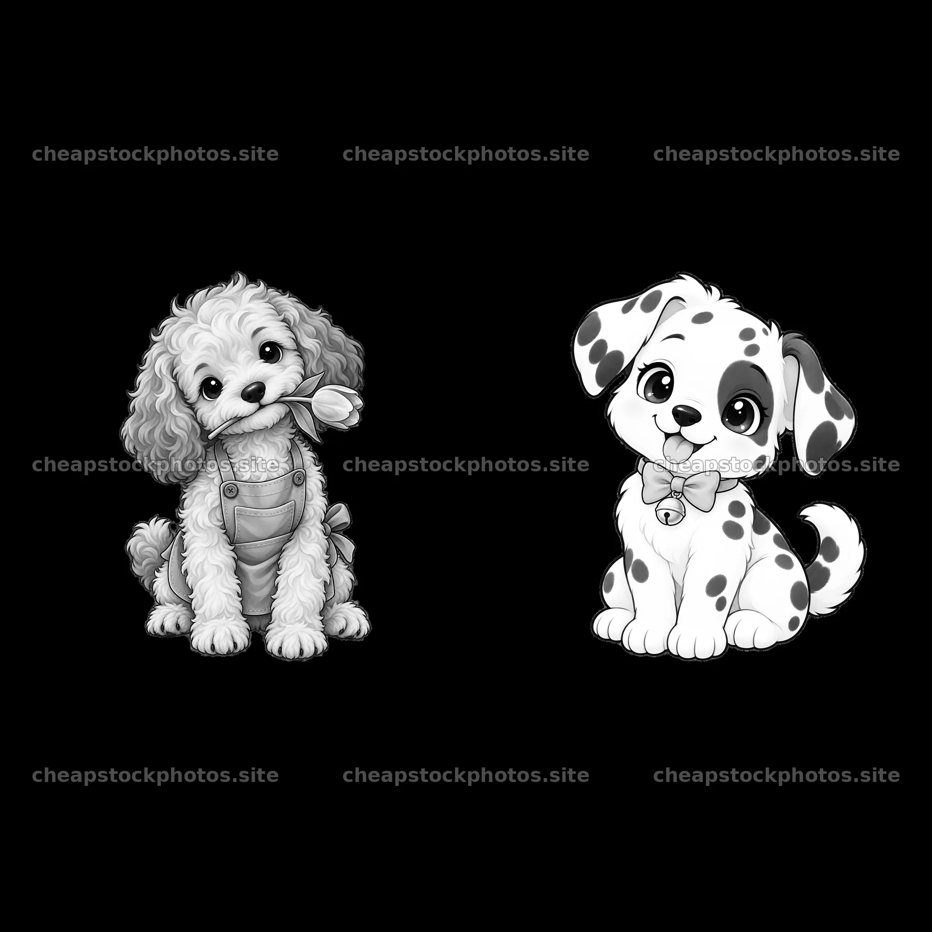 Cute cartoon dog duo with toy and bowtie in black and white – stock photos 7746x7746