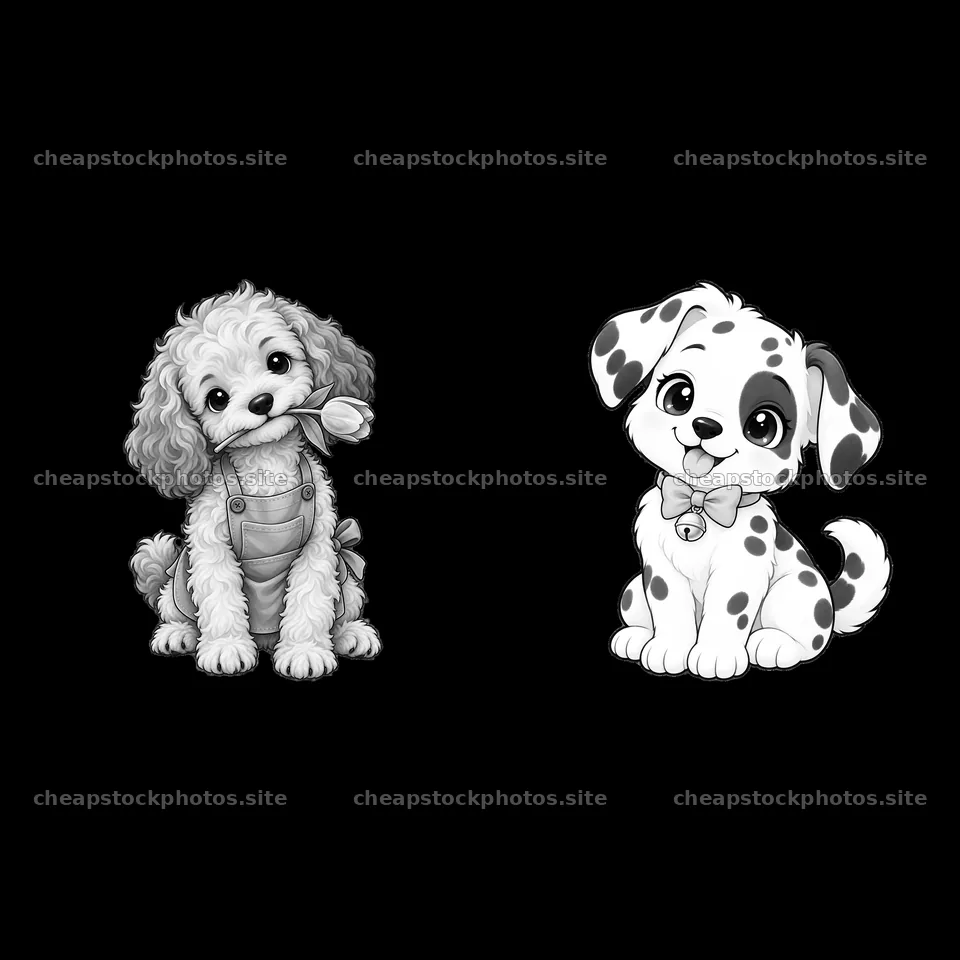 Cute cartoon dog duo with toy and bowtie in black and white – stock photos 7746x7746