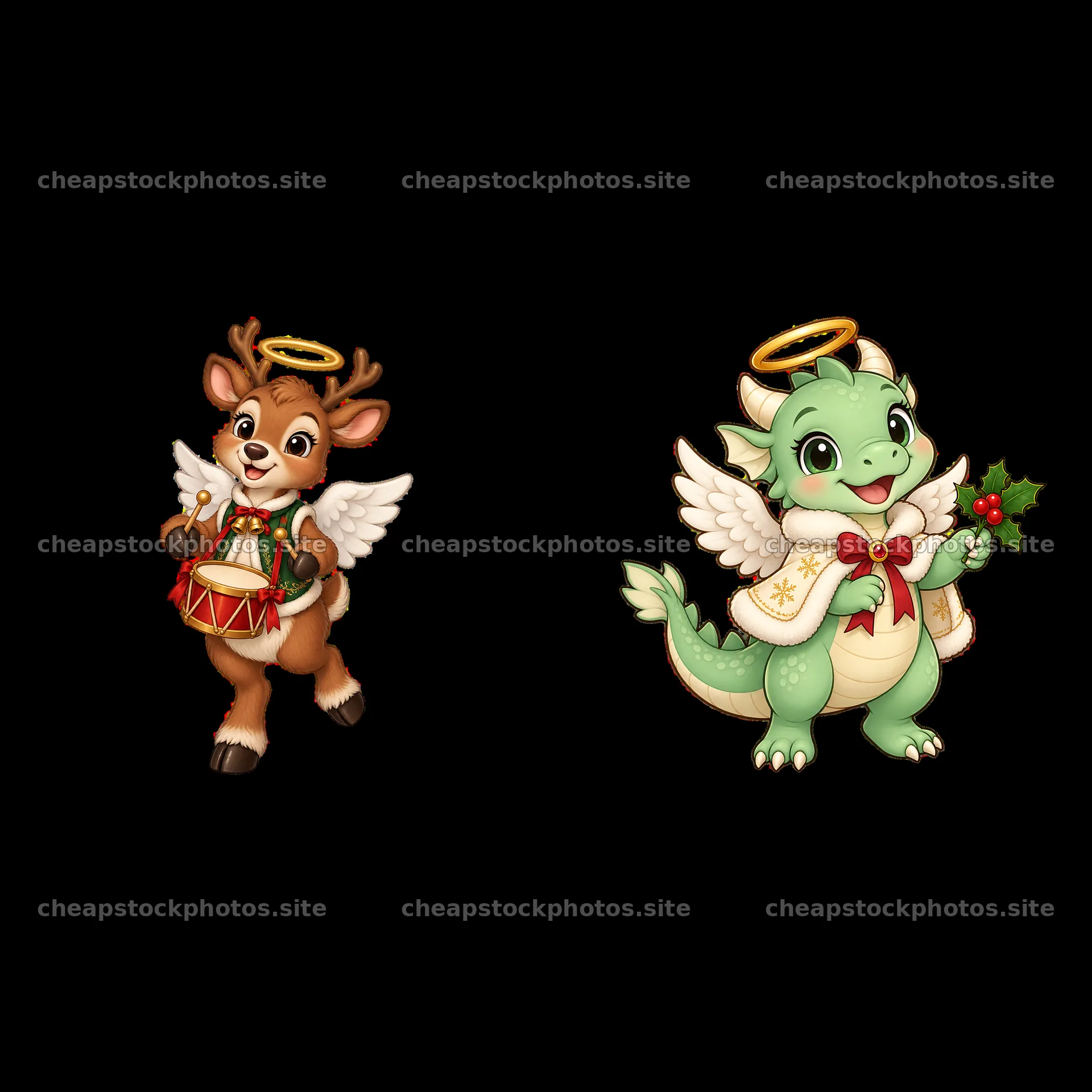 Christmas angel reindeer playing drums and dragon holding holly – stock photos 7746x7746