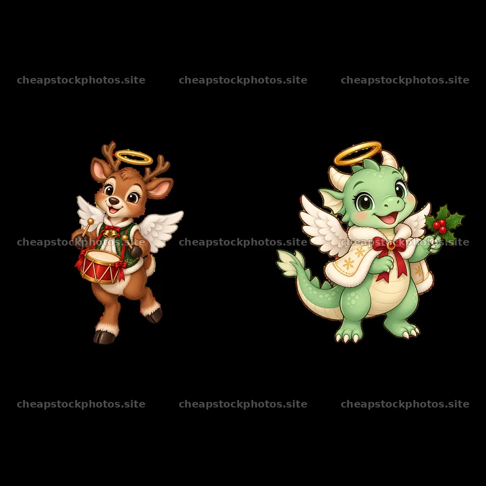 Christmas angel reindeer playing drums and dragon holding holly – stock photos 7746x7746