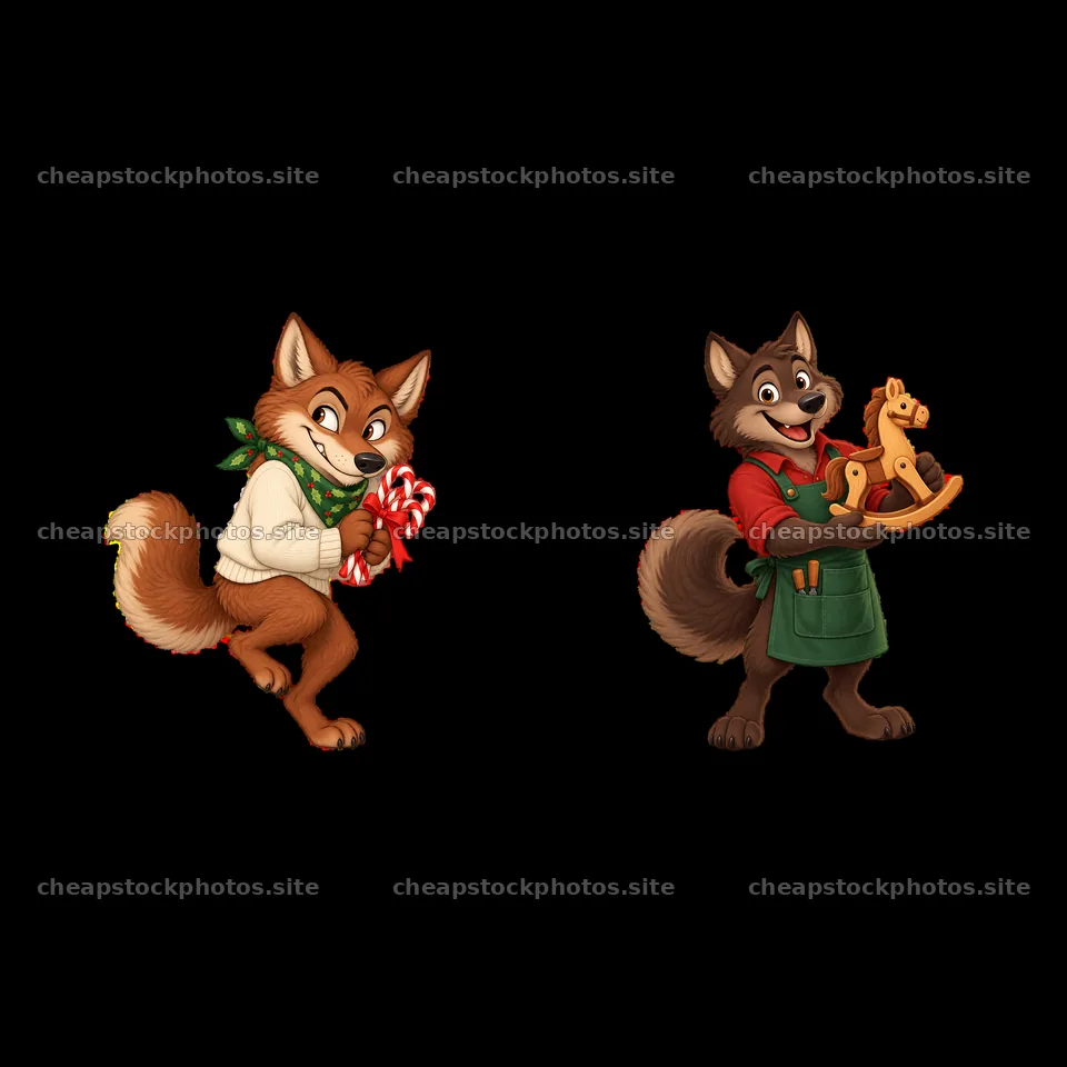 Christmas wolf characters with candy cane and wooden toys – stock photos 7746x7746