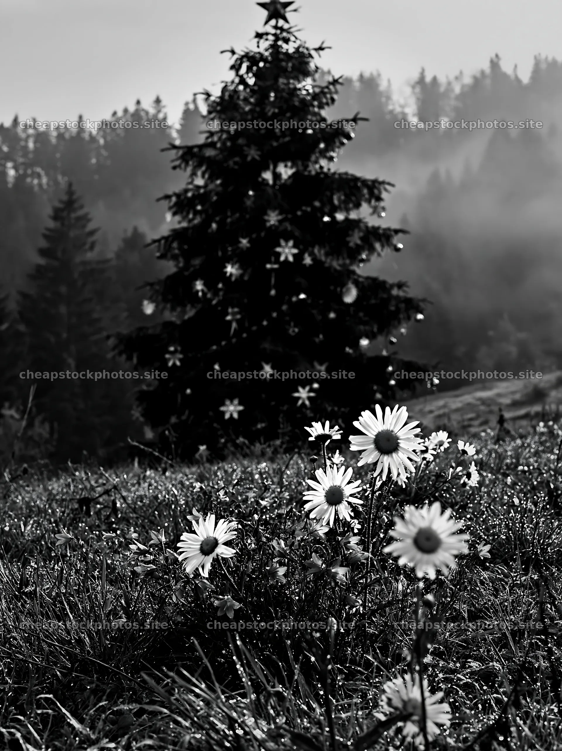 Decorated Christmas tree in valley meadow with flowers – stock photos 6866x9174