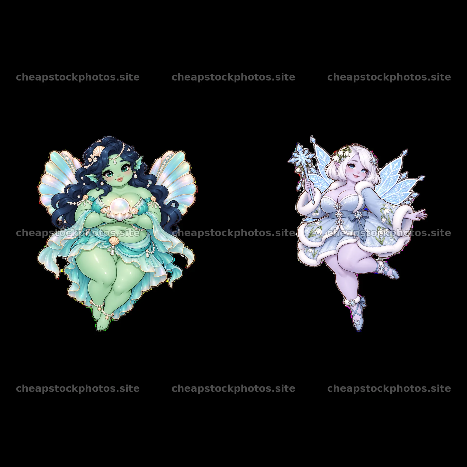 Kawaii ultra-fat fairies with wings and accessories in a pair – stock photos 7746x7746
