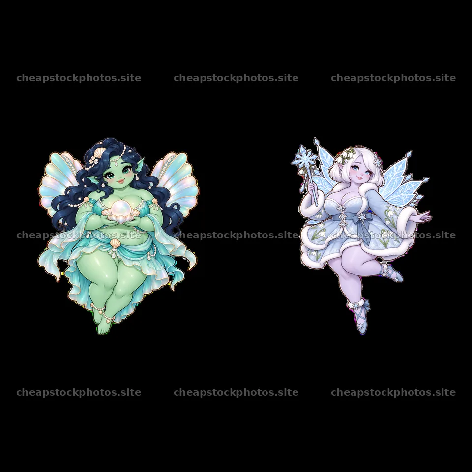 Kawaii ultra-fat fairies with wings and accessories in a pair – stock photos 7746x7746