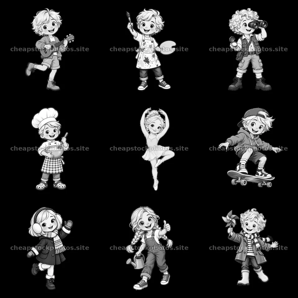 Blond child characters engaged in various activities in a 3x3 layout – stock photos 7746x7746