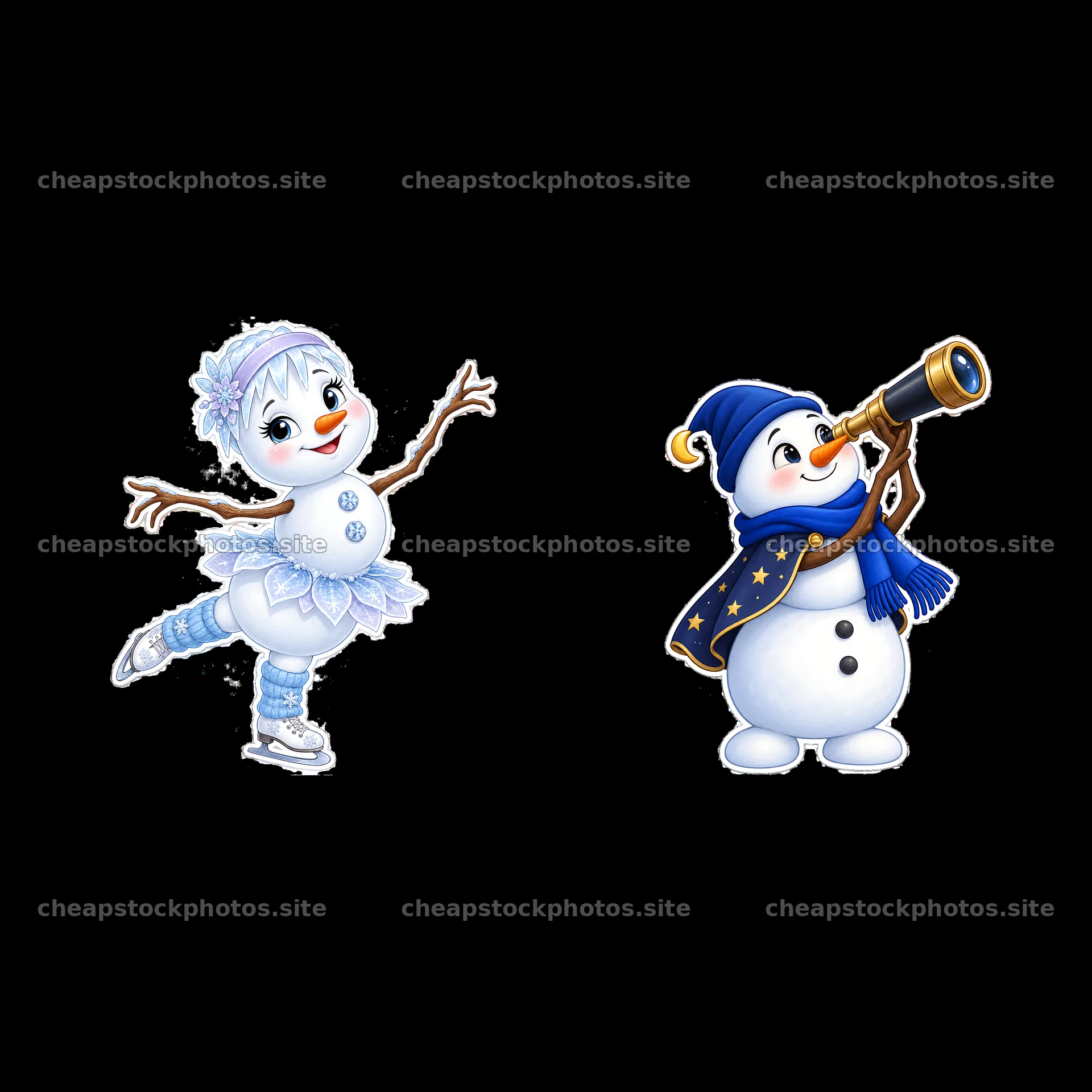 Snowman ice skater and snowman with a telescope character duo – stock photos 7746x7746