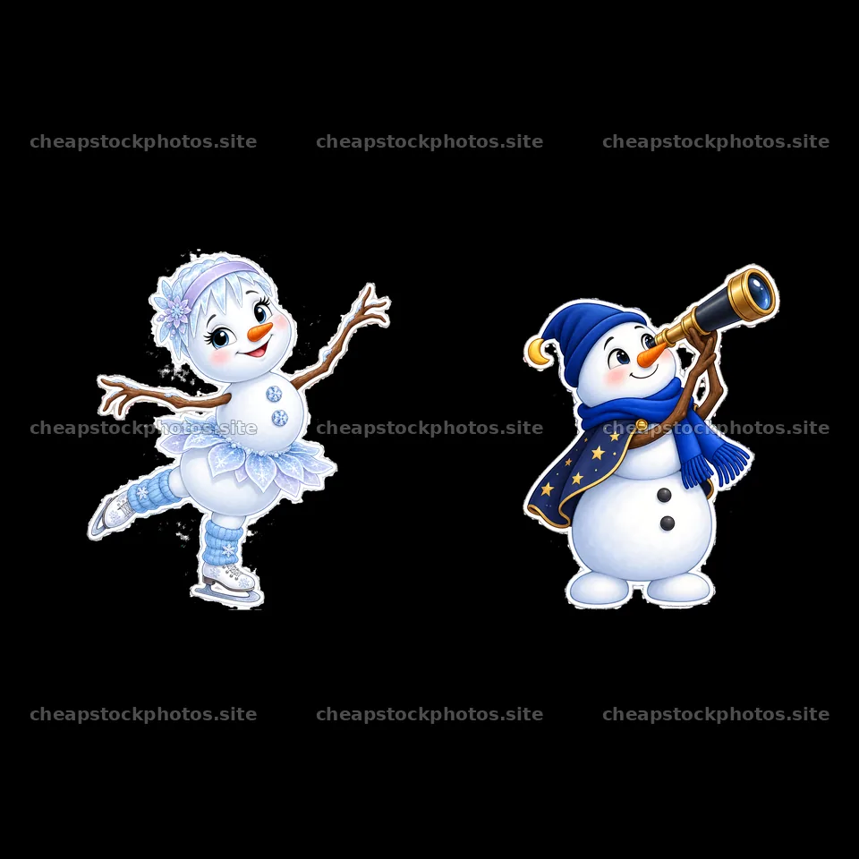 Snowman ice skater and snowman with a telescope character duo – stock photos 7746x7746