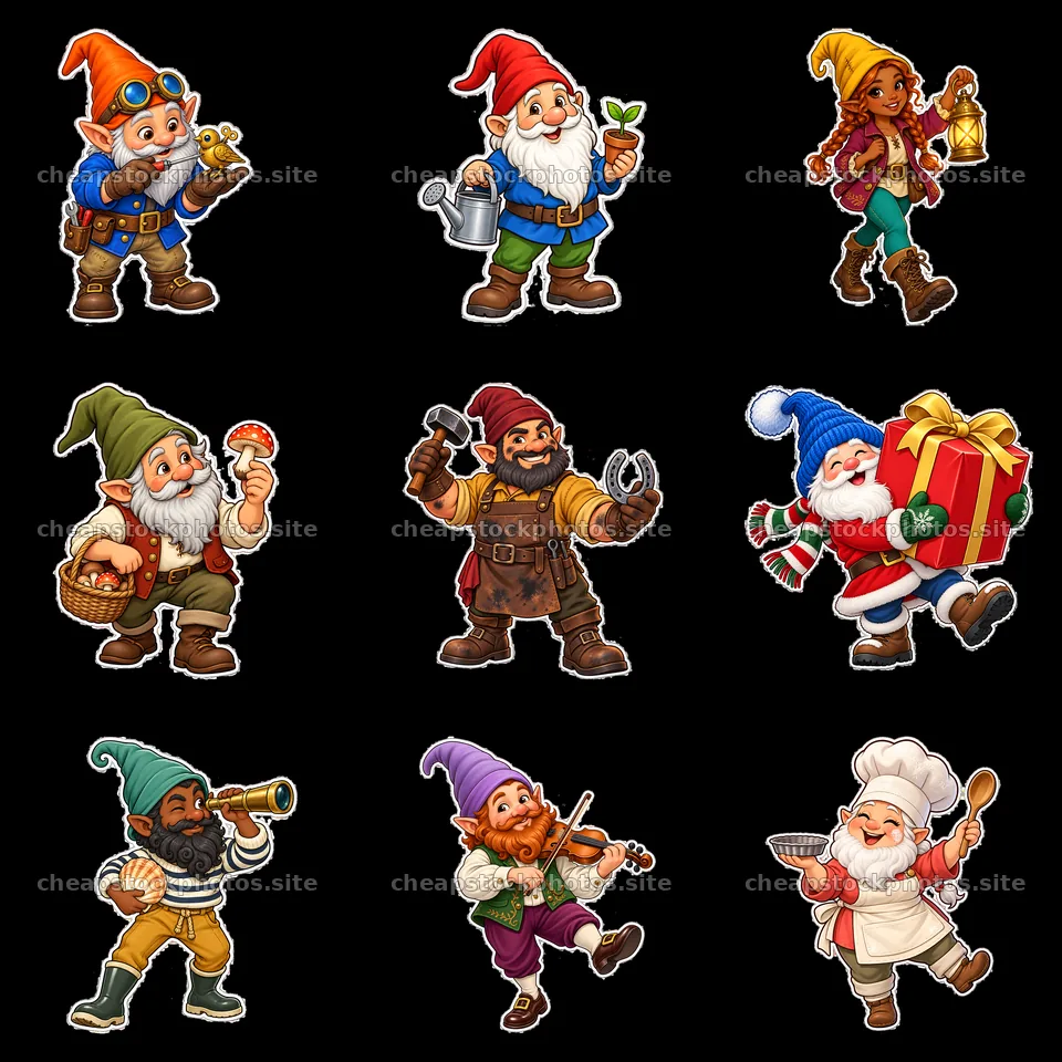Cute gnome characters engaged in various activities in a 3x3 grid – stock photos 7746x7746