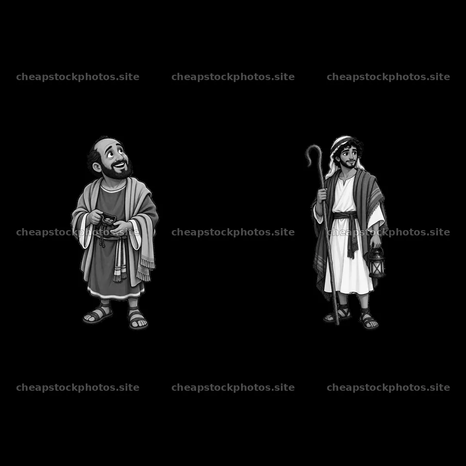 Two men talking with joyful expressions in a biblical setting – stock photos 7746x7746