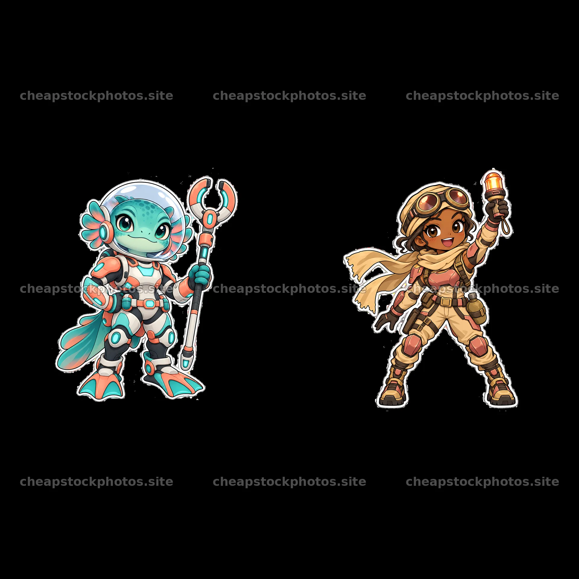 Kawaii futuristic super-soldier duo with sci-fi accessories – stock photos 7746x7746