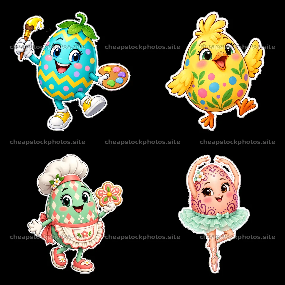 Colorful Easter eggs with characters in a cheerful layout – stock photos 7746x7746